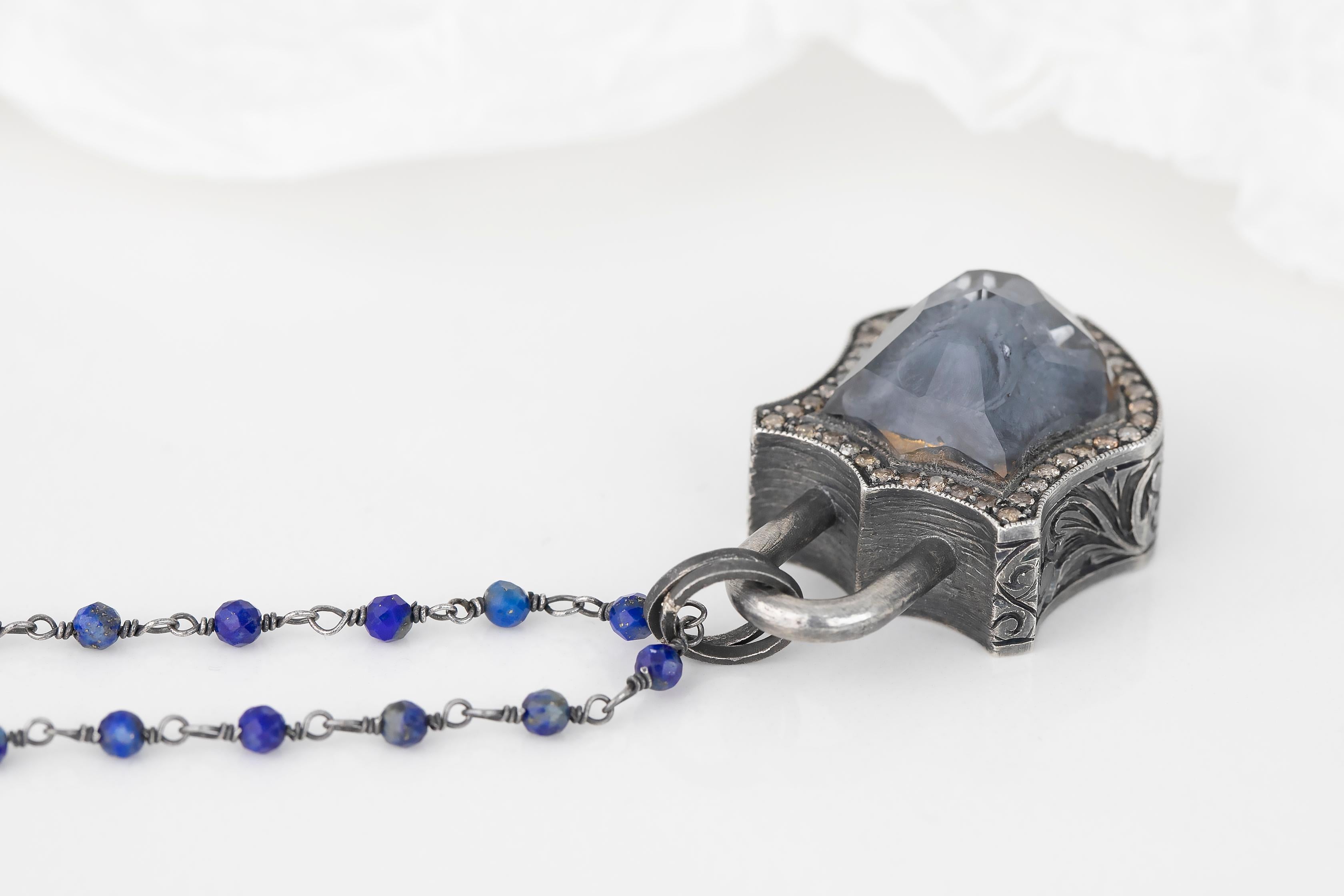 925K Silver and Lapis Stone Carved Elephant Topaz Necklace with 0.45 Ct Diamond For Sale 2