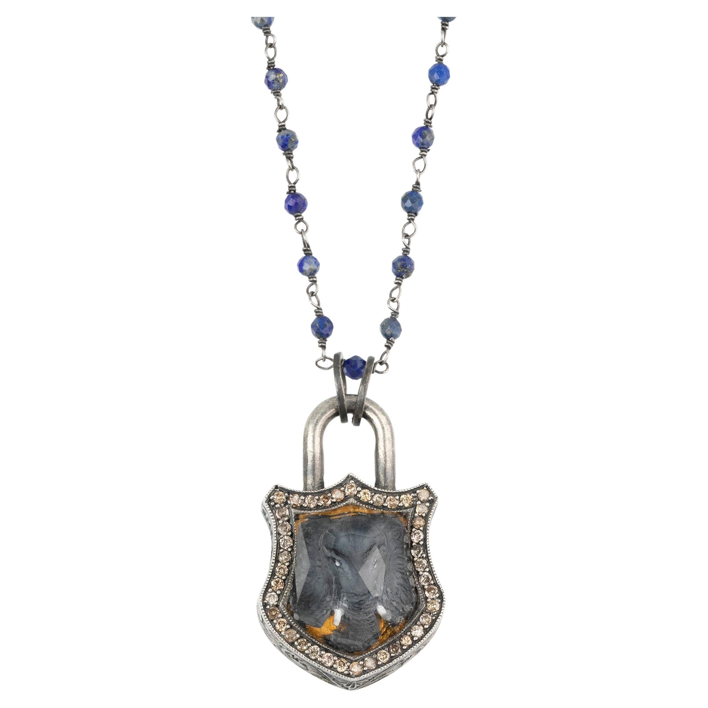 925K Silver and Lapis Stone Carved Elephant Topaz Necklace with 0.45 Ct Diamond For Sale