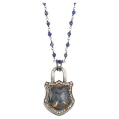 925K Silver and Lapis Stone Carved Elephant Topaz Necklace with 0.45 Ct Diamond