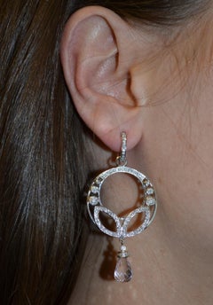 9.26 Carat Briolette Kunzite Diamond 18 Karat White Gold Chandelier Earrings