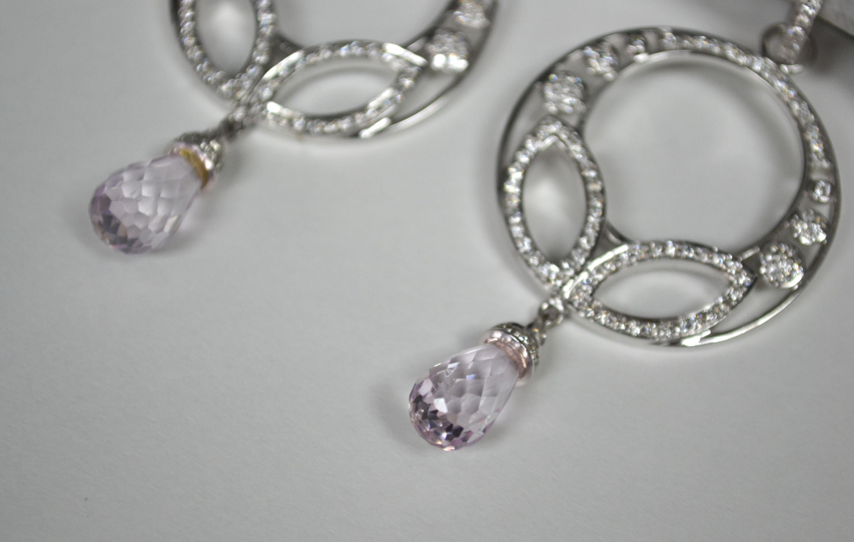 9.26 Carat Briolette Kunzite Diamond 18 Karat White Gold Chandelier Earrings In New Condition For Sale In New York, NY