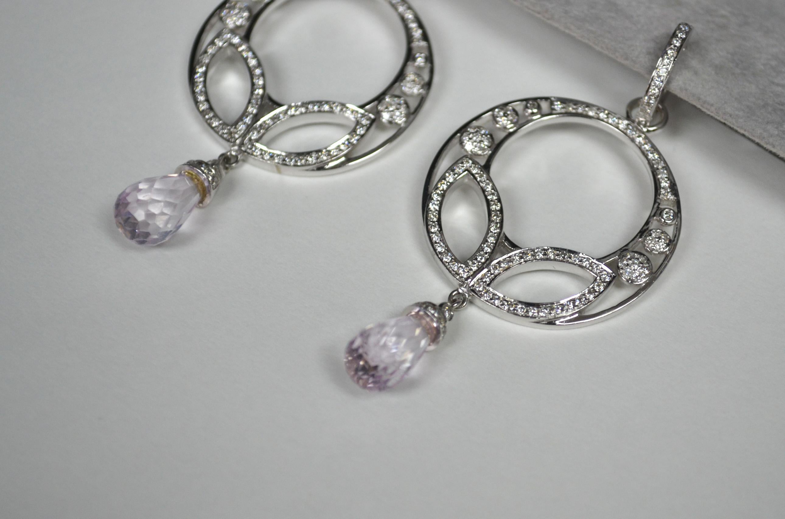 Women's or Men's 9.26 Carat Briolette Kunzite Diamond 18 Karat White Gold Chandelier Earrings For Sale