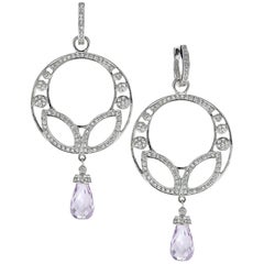 9.26 Carat Briolette Kunzite Diamond 18 Karat White Gold Chandelier Earrings