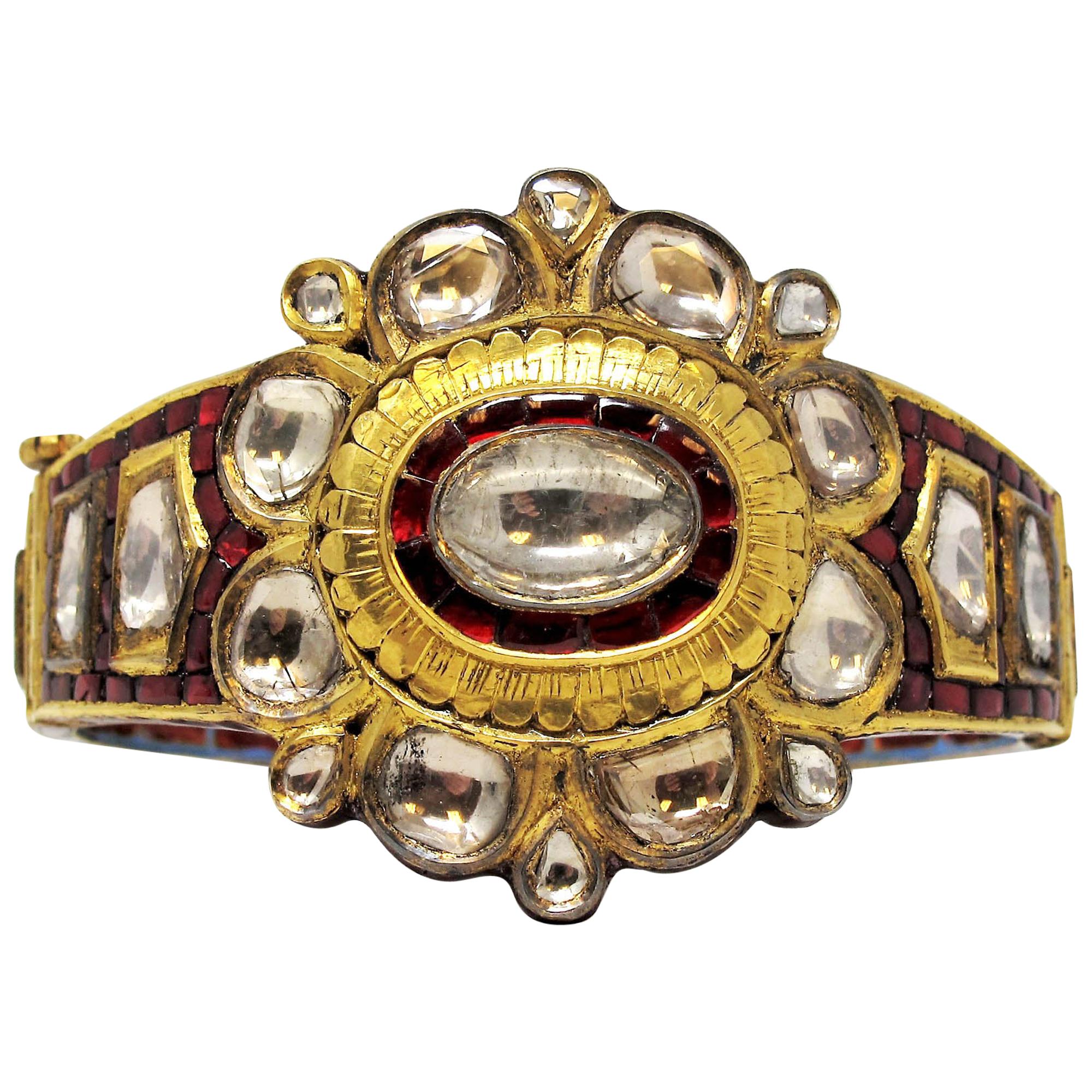 9.26 Carat Total Polki Diamond and Enamel Hinged Cuff Bracelet 18 Karat Gold For Sale