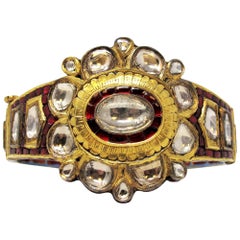 Vintage 9.26 Carat Total Polki Diamond and Enamel Hinged Cuff Bracelet 18 Karat Gold
