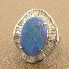 9.27 Carat Australian Black Opal Diamond Platinum Cocktail Ring