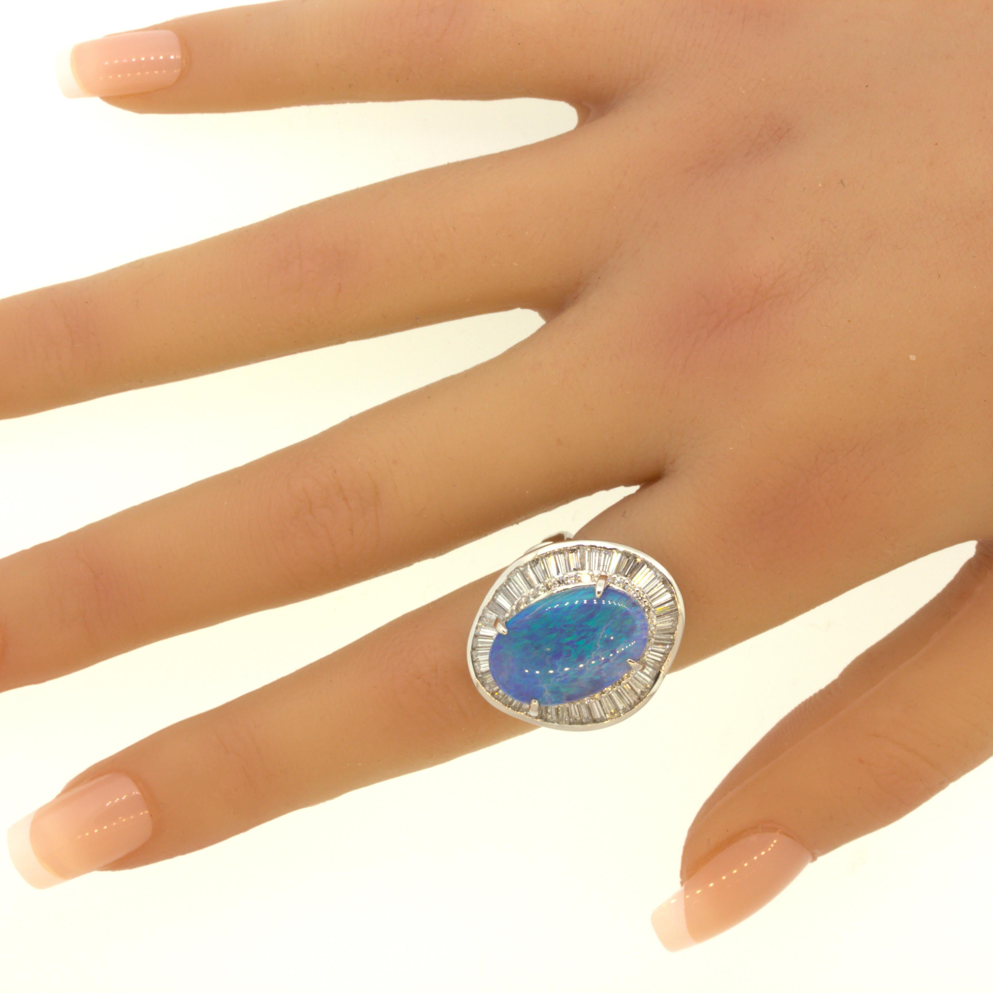 9.27 Carat Australian Black Opal Diamond Platinum Cocktail Ring In New Condition For Sale In Beverly Hills, CA
