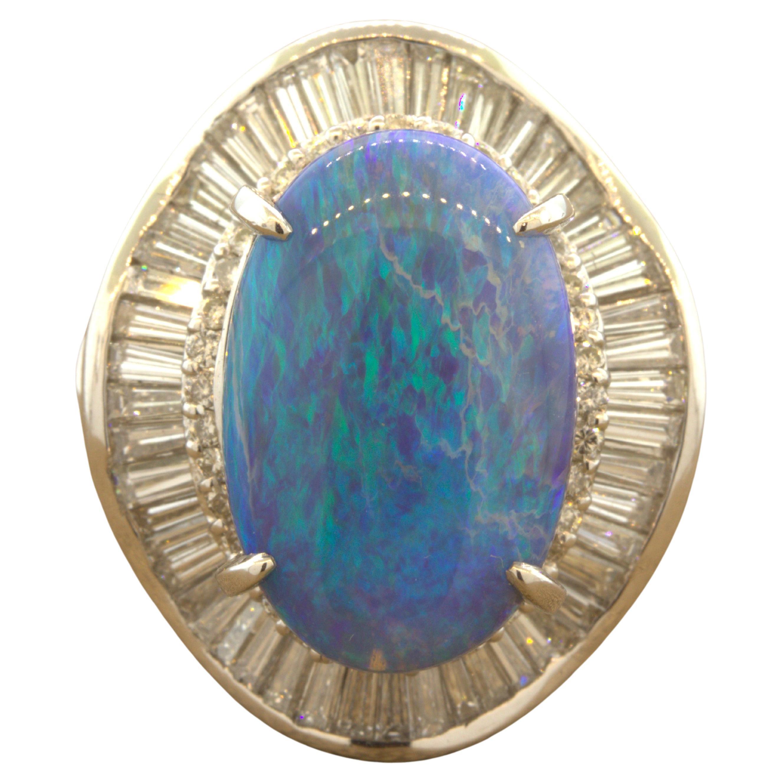 9.27 Carat Australian Black Opal Diamond Platinum Cocktail Ring