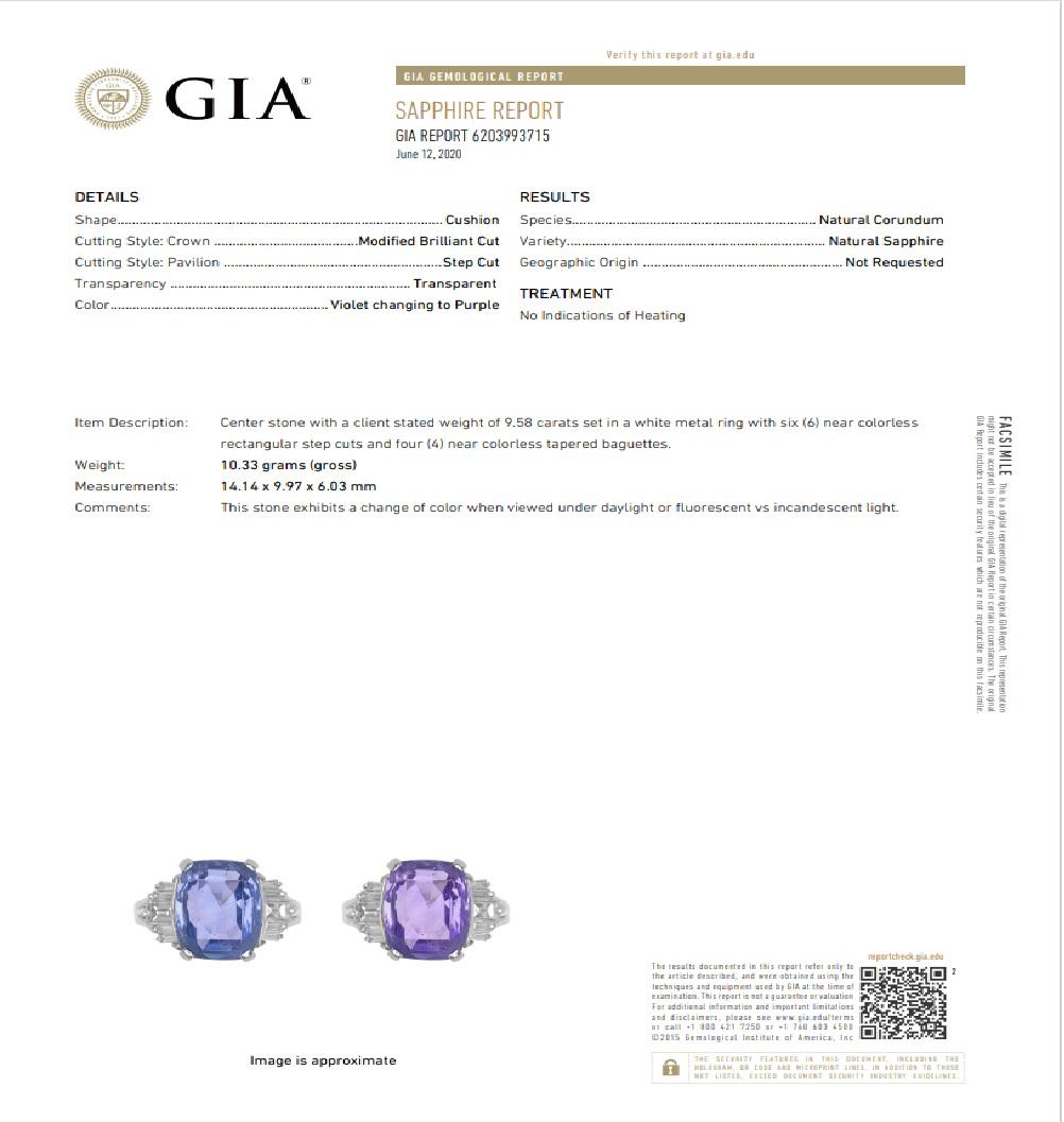 9.27 Carat Color-Change Sapphire Diamond Platinum Ring, GIA Certified For Sale 3