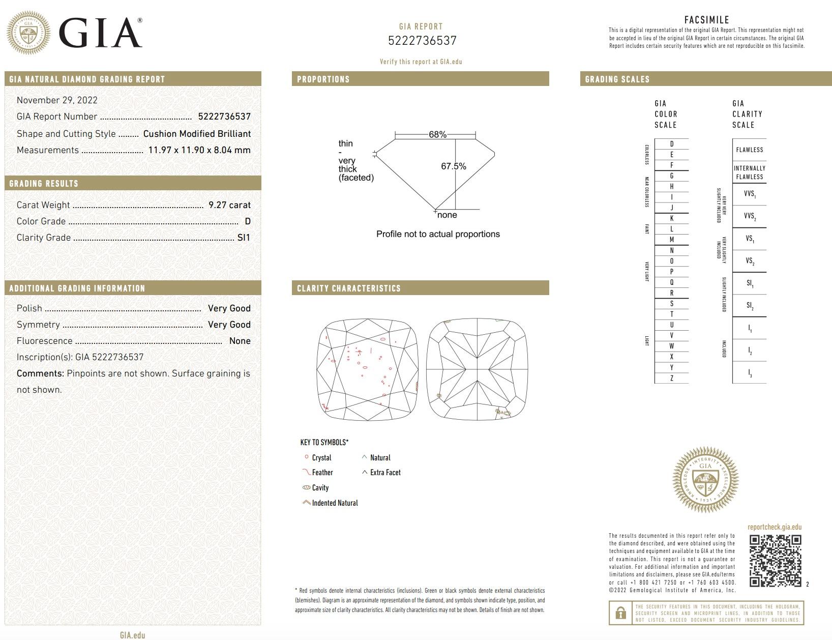 9.27 Carat Cushion Cut Diamond Engagement Ring For Sale 2