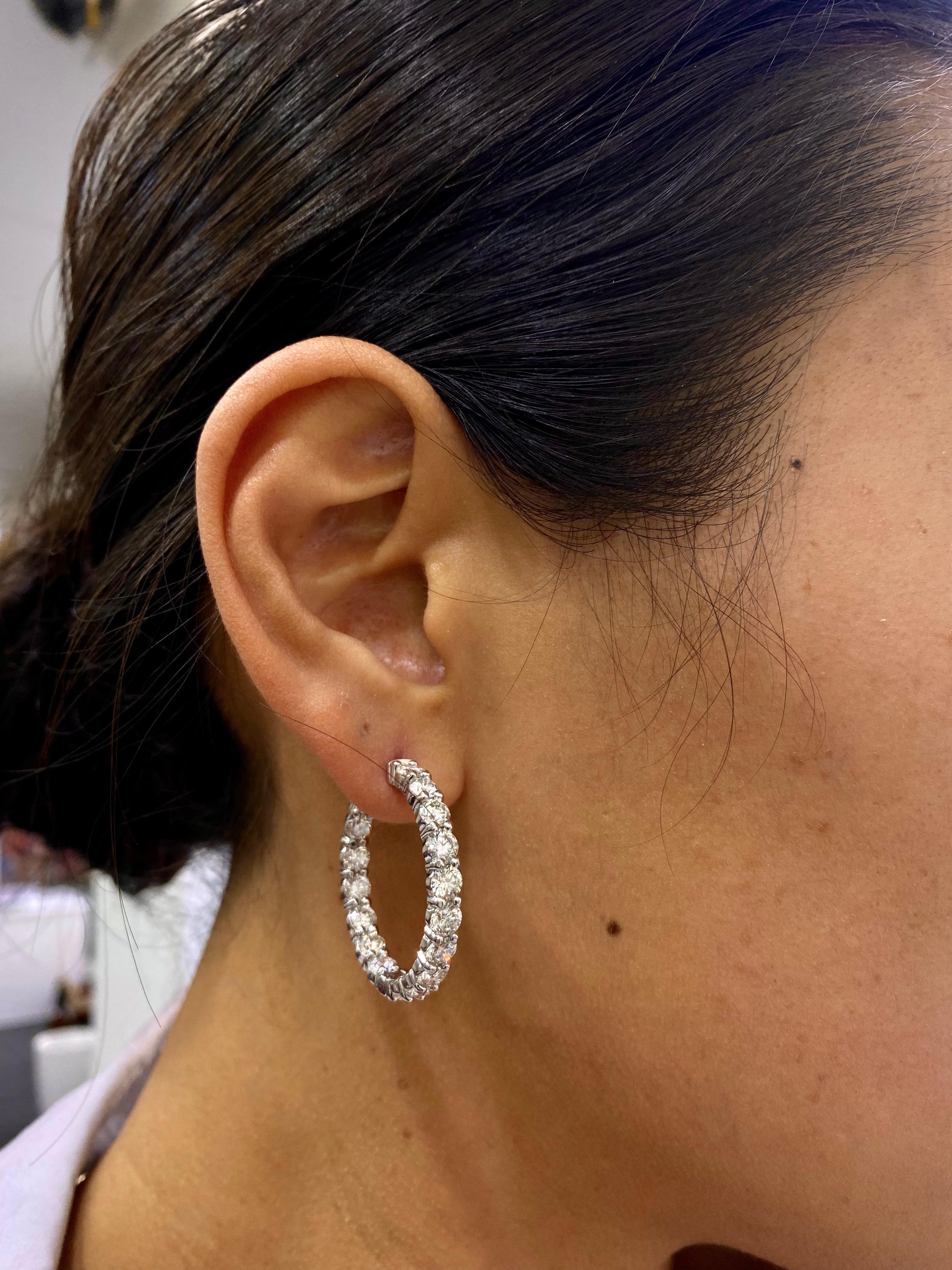 Round Cut 9.27 Carat Large Diamond Hoop Earrings in White Gold For Sale
