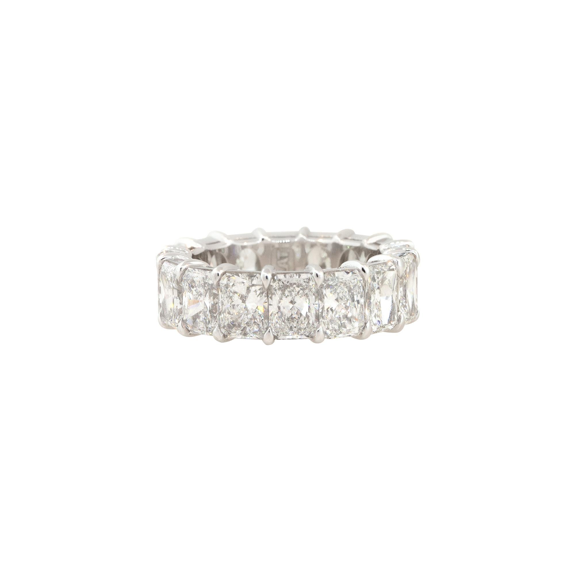 Eternity Band Details: Platinum 9.27 Carat Radiant Cut Diamond Eternity Ring in Platinum 

Material: Platinum
Diamond Details: There are approximately 9.27 carats of Radiant Cut Diamonds. Diamonds are prong set and there are 16 Diamonds total.
