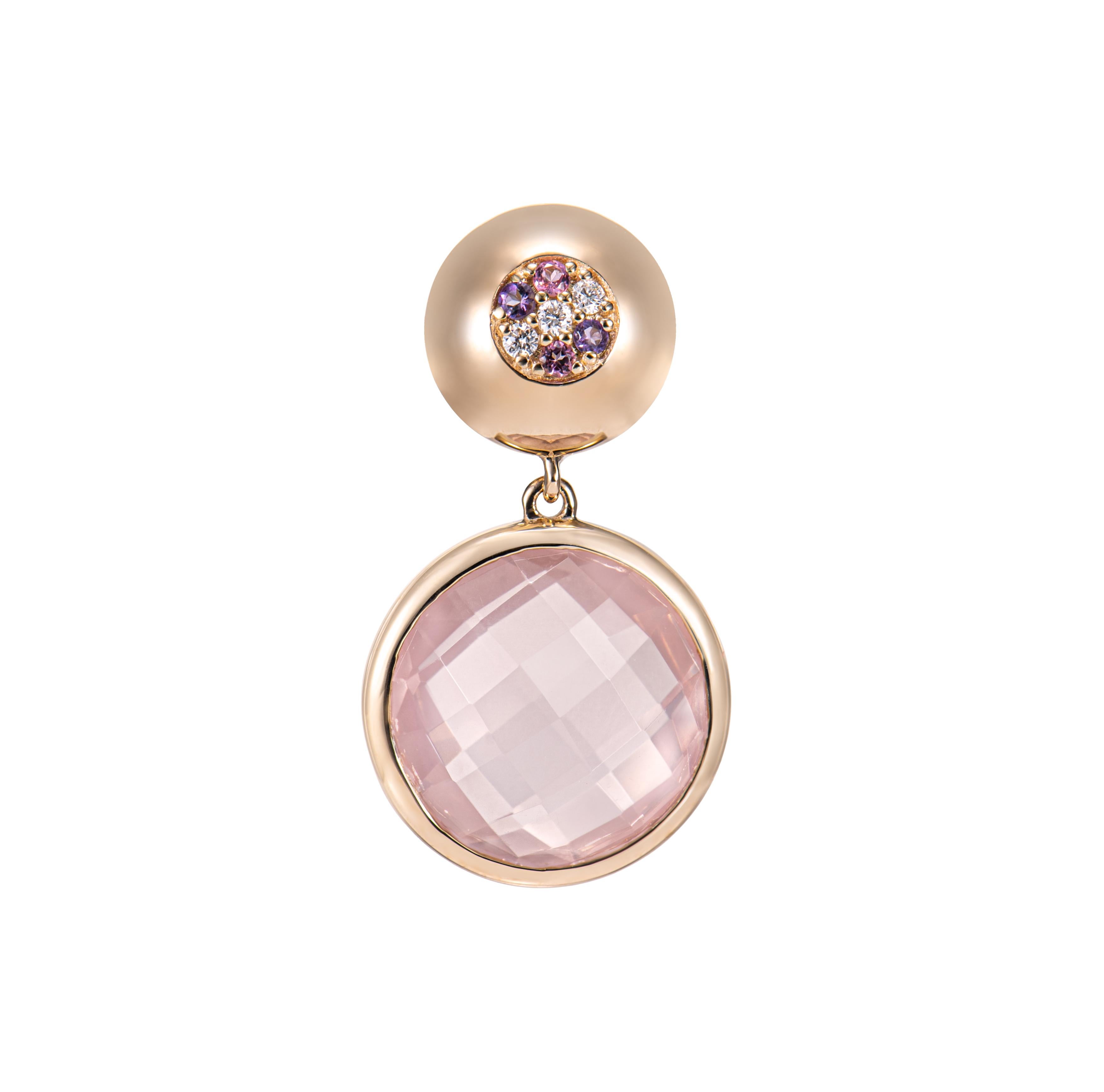 Contemporary 9.27 Carat Rose Quartz Pendant in 18KYG with Tourmaline, Amethyst and Diamond. For Sale