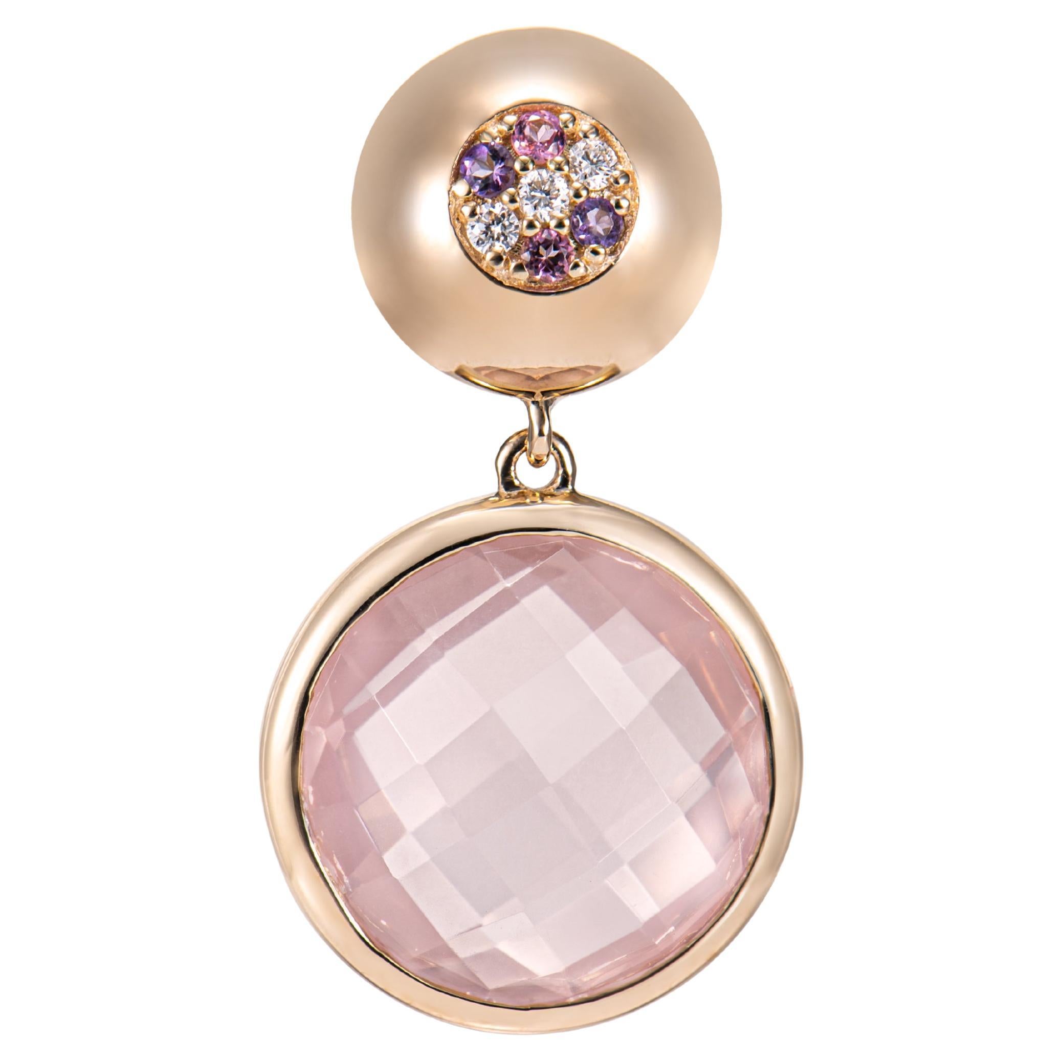 Pendentif en quartz rose de 9,27 carats certifié 18 carats avec tourmaline, améthyste et diamant.