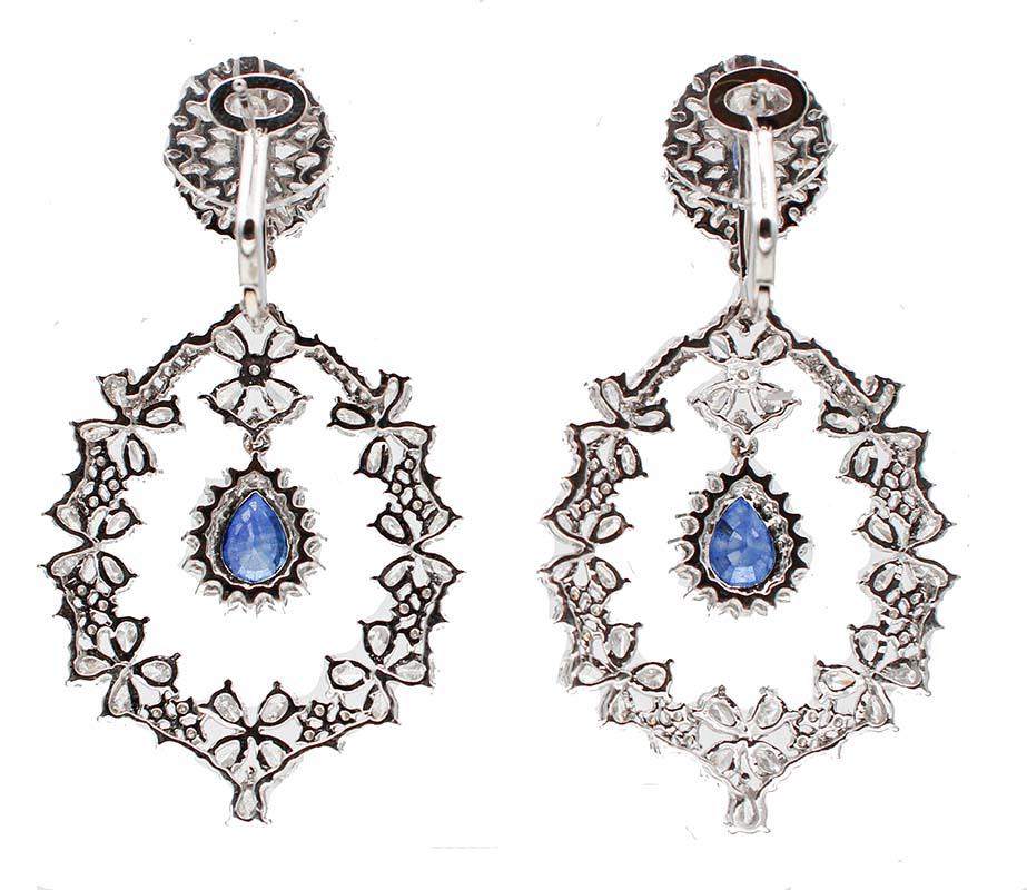 Modern 9.28 Carat Diamonds, Blue Sapphires, 18 Karat White Gold Dangle Earrings For Sale