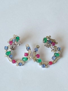 9.28 Carats, Blue Sapphire, Emerald & Ruby Tutti Frutti Style Hoop Earrings