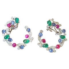 9.28 Carats, Blue Sapphire, Emerald & Ruby Tutti Frutti Style Hoop Earrings