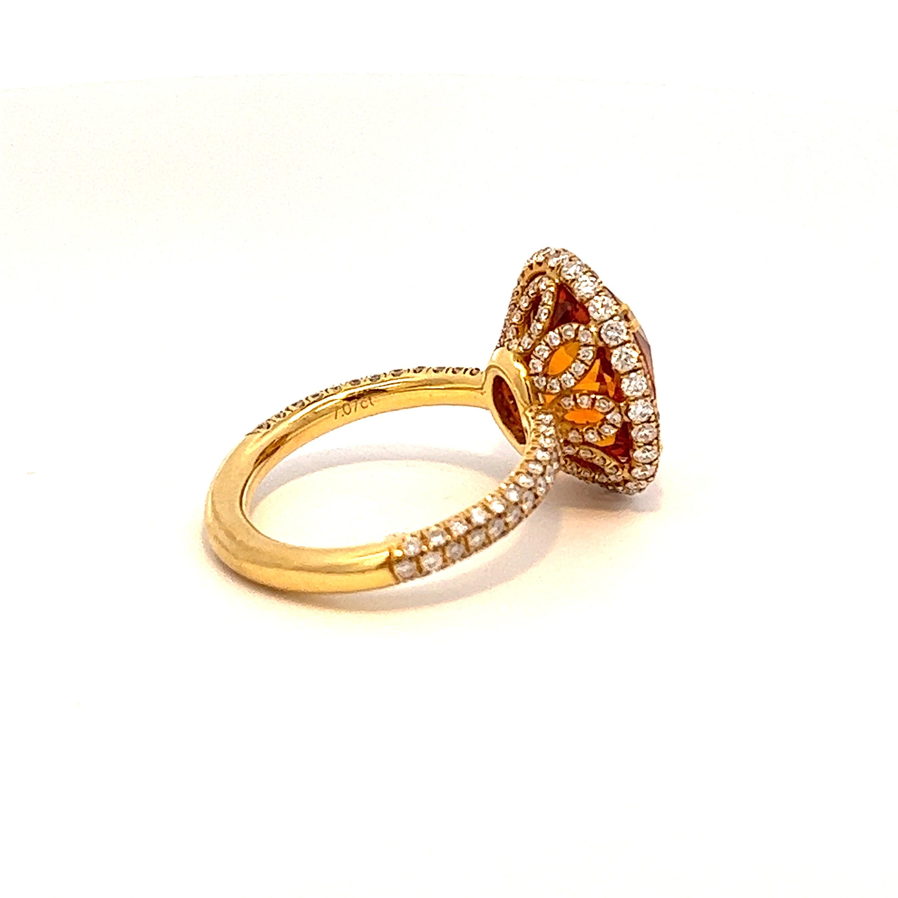 9.28 Total Carat Orange Sapphire and Diamond Halo Ladies Ring GIA For Sale 1