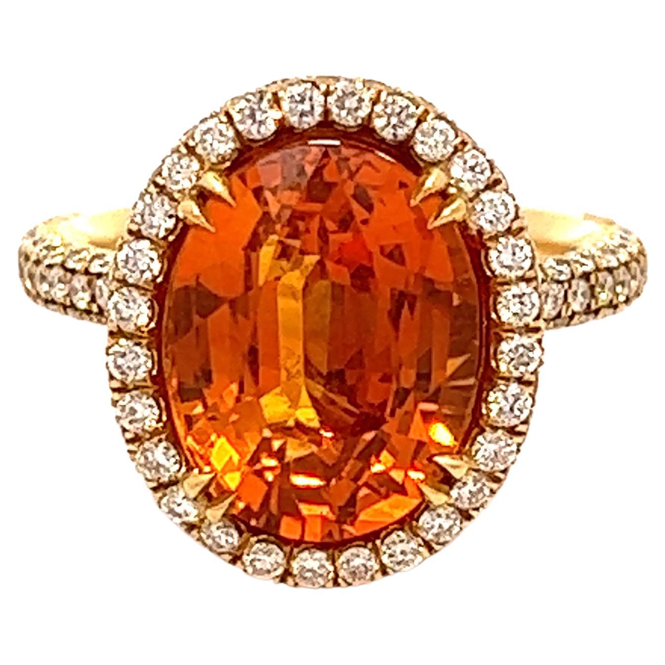 9.28 Total Carat Orange Sapphire and Diamond Halo Ladies Ring GIA For Sale