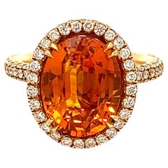 9.28 Total Carat Orange Sapphire and Diamond Halo Ladies Ring GIA