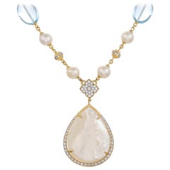 92.85 Carat Blue Topaz South Sea Pearl and Diamond 18kt Yellow Gold Necklace