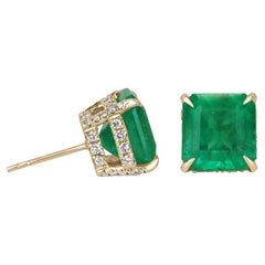 9.28tcw 18K Colombian Emerald & Diamond Stud Earrings  Asscher Cut Prong Set