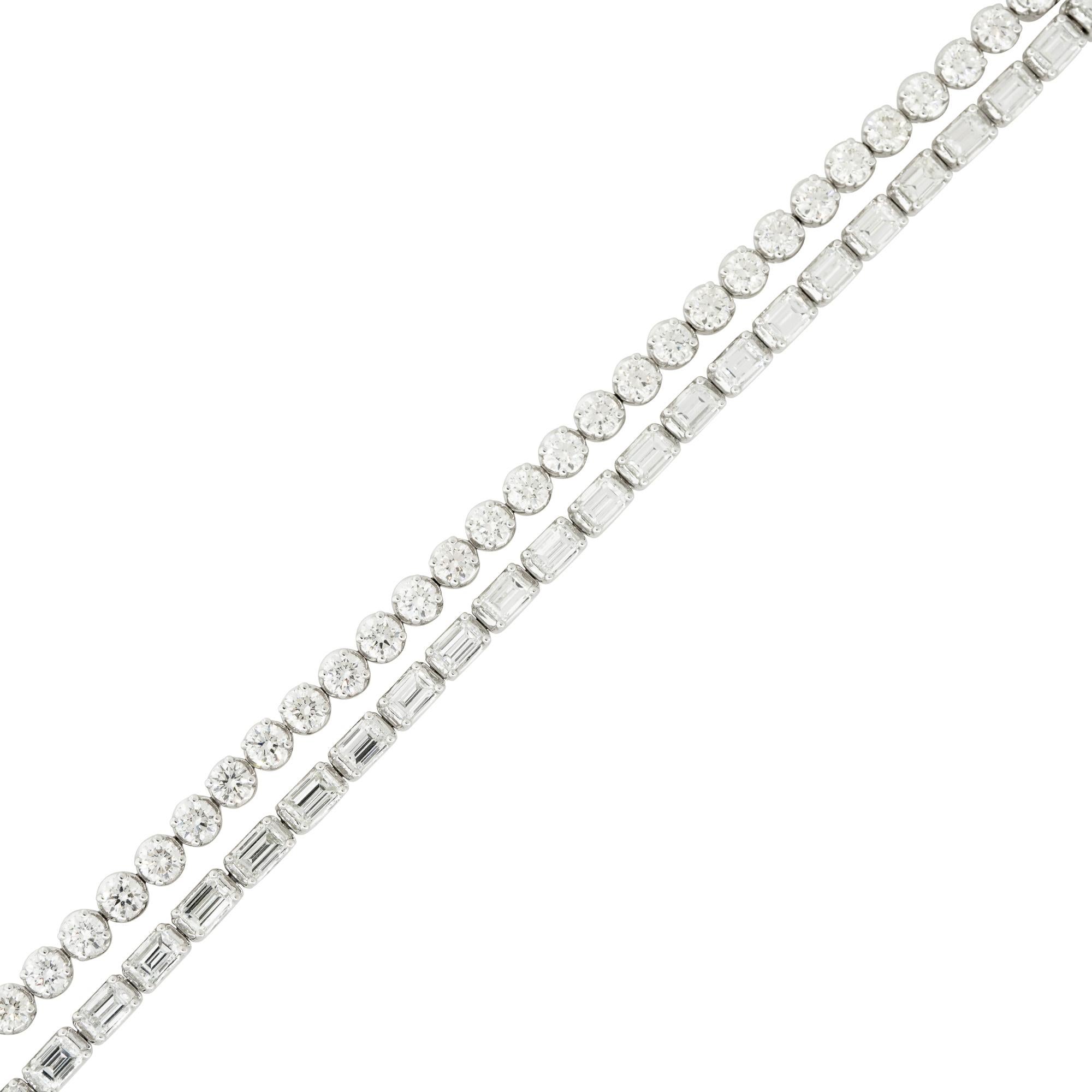18k White Gold 9.29ctw Double Row Diamond Tennis Bracelet
Material: 18k White Gold
Diamond Details: Approximately 9.29ctw of Emerald Cut and Round Brilliant cut Diamonds. There are 2 rows of diamonds; one row with 38 Emerald cut diamonds and another