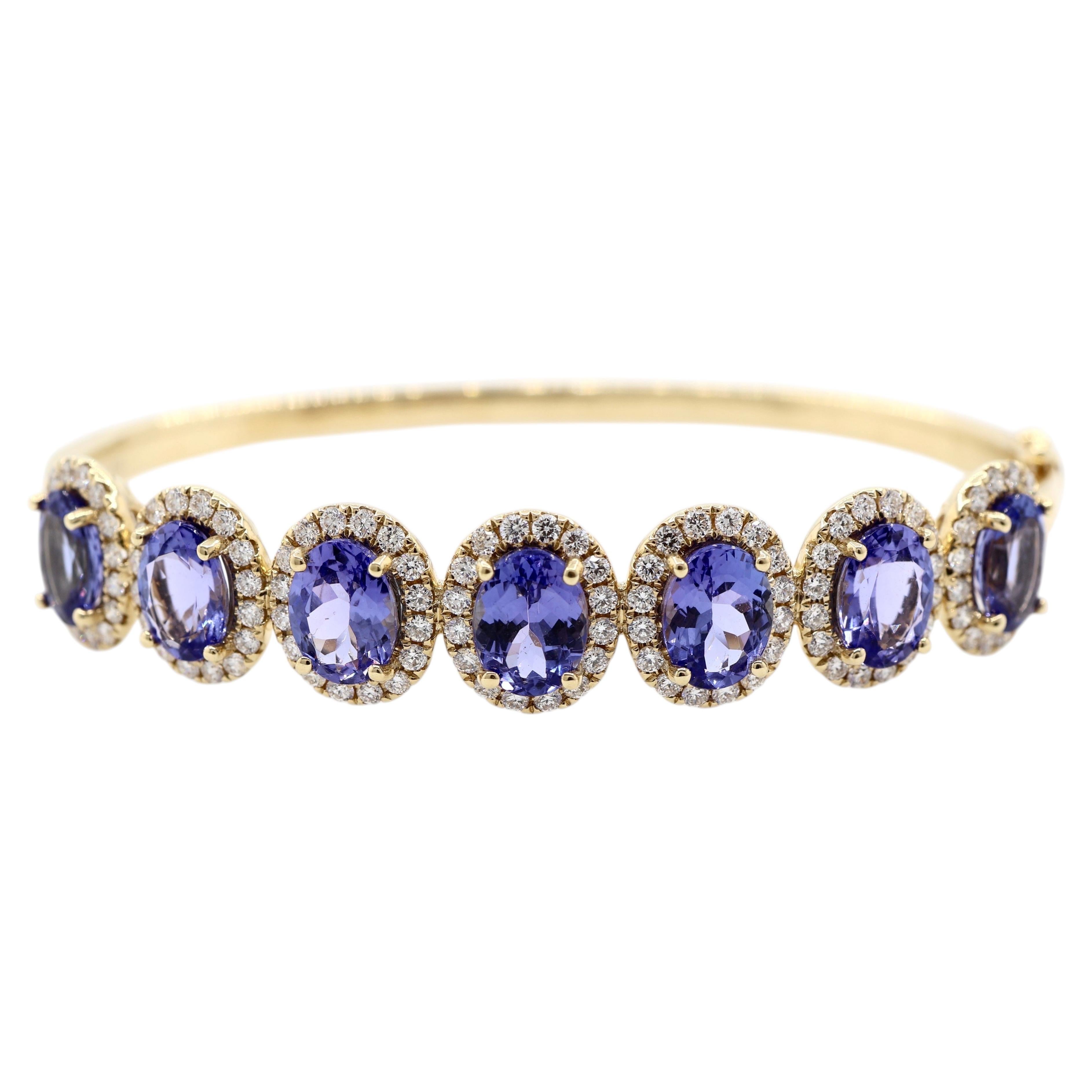 9.29 Carat Tanzanite and Diamond Oval Halo Bangle Bracelet in 14K Yellow Gold For Sale
