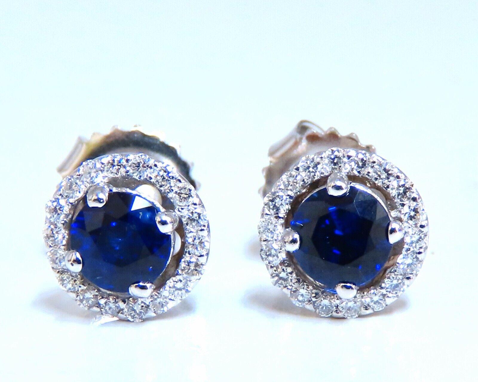 Round Cut .92ct Natural Sapphire Diamond Earrings 14kt Cluster Halo Prime For Sale