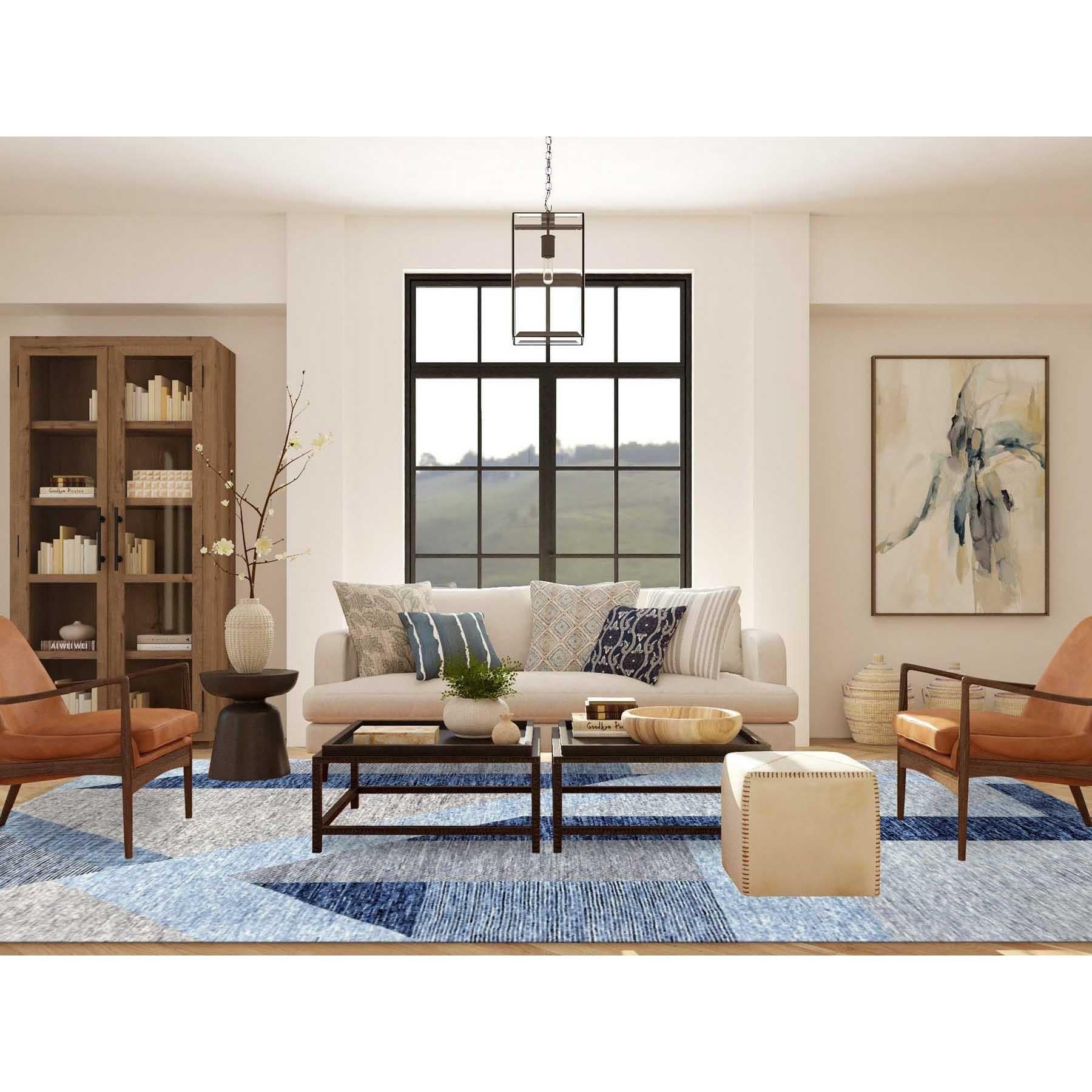 Il s'agit d'une véritable pièce unique Beau Bleu, Collection Art Déco Géométrique Doux au toucher, Laine Douce nouée à la main, Tapis d'Orient. Il a été noué pendant des mois et des mois selon des techniques de tissage séculaires par des artisans