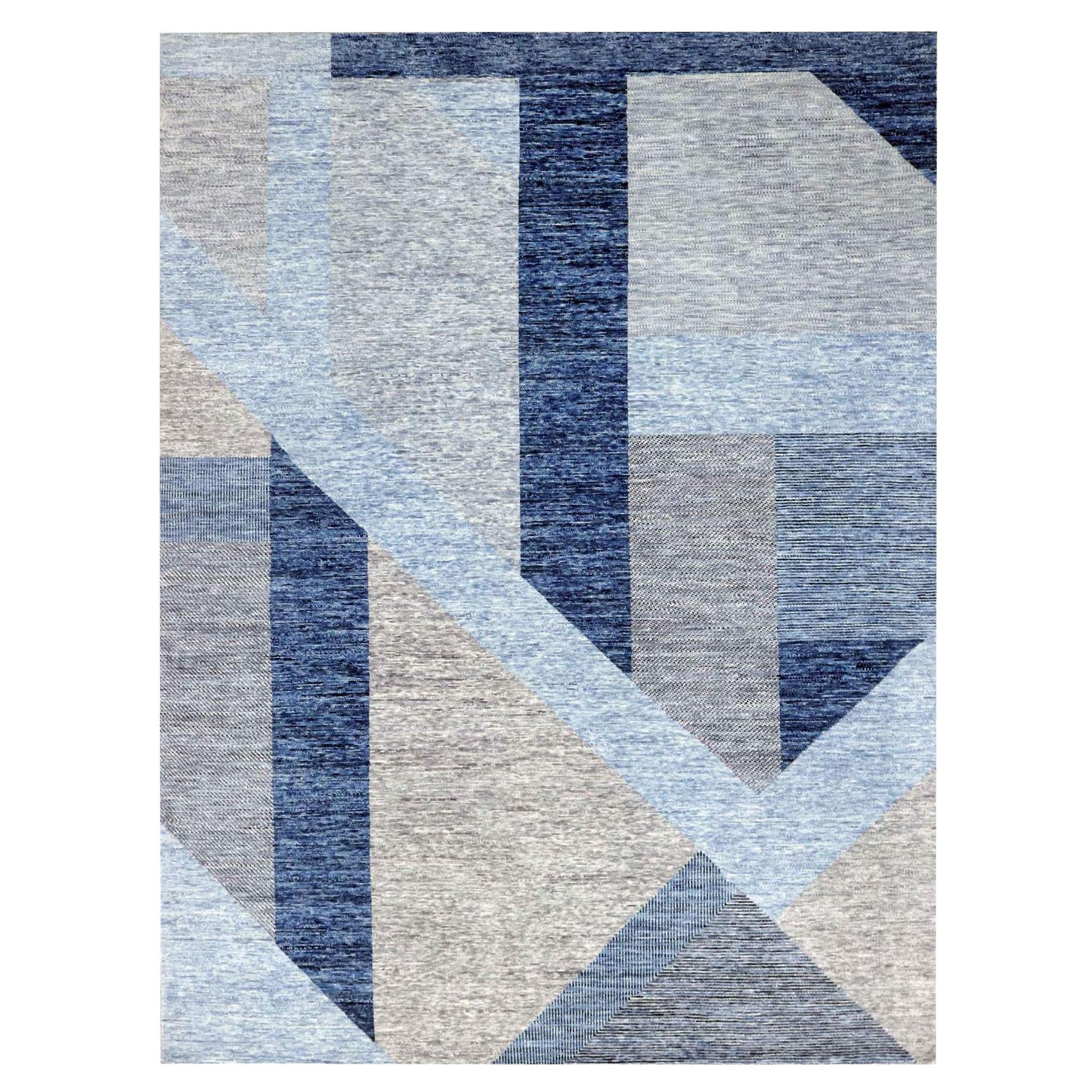 9'2 "x11'10" Beau Bleu, Geometric Art Deco Collection Soft Wool Hand Knots Rugs