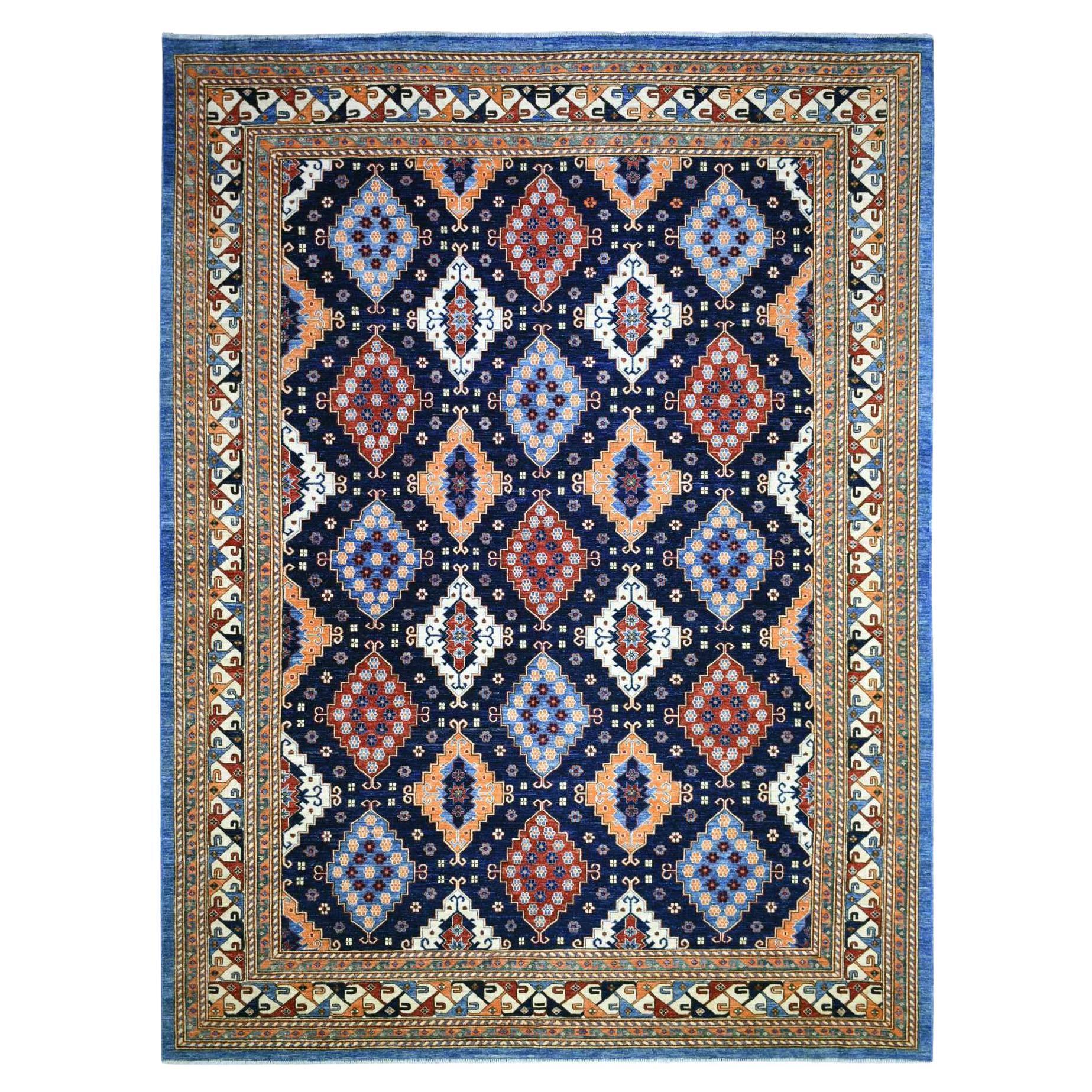 9'2"x11'10" Blue Afghan Ersari with Large Elements Soft Wool Hand Knotted Rug