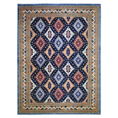 9'2"x11'10" Blue Afghan Ersari with Large Elements Soft Wool Hand Knotted Rug