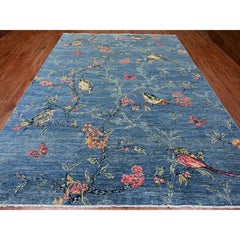 9'2 "x11'10" Blue Sparrows on the Tree Peshawar Tapis 100% laine douce noué à la main
