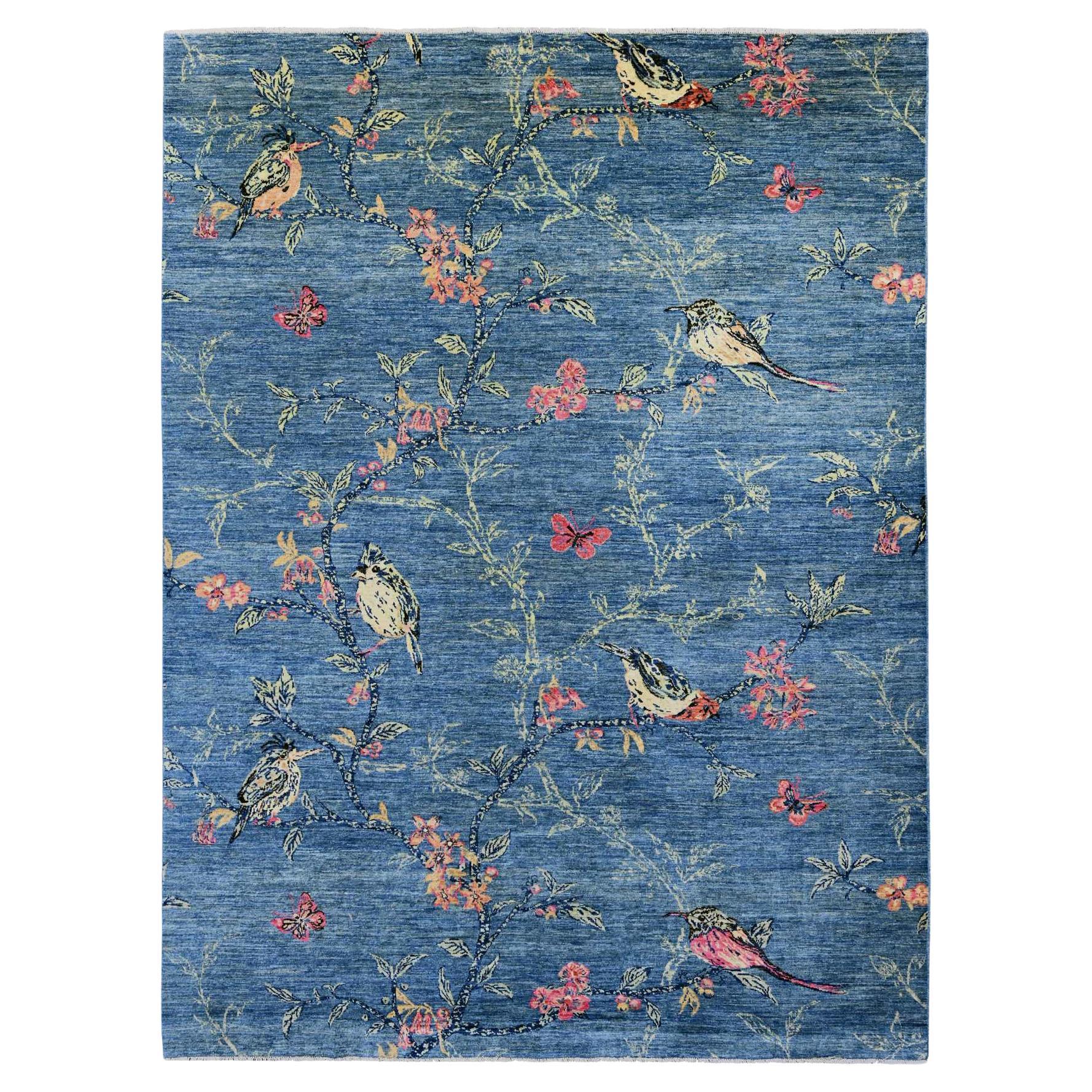 9'2"x11'10" Blue Sparrows on the Tree Peshawar 100% Soft Wool Hand Knotted Rug