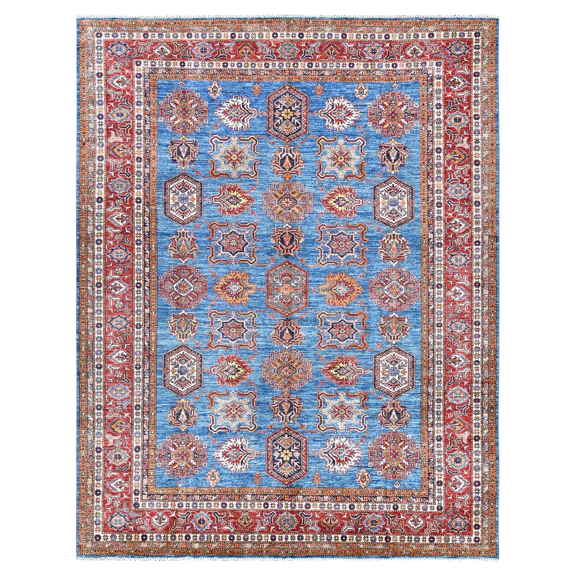 9'2"x11'10" Denim bleu caucasien Design Super Kazak pure laine nouée à la main