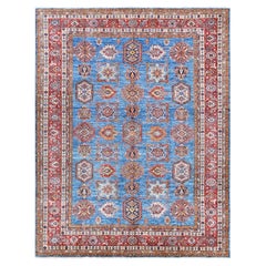 9'2 "x11'10" Azul Denim Diseño Caucásico Super Kazak Alfombra anudada a mano de pura lana
