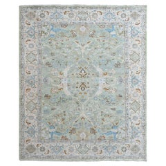 9'2"x11'10" Green Oushak with Floral Motifs Hand Knotted Pure Wool Oriental Rug