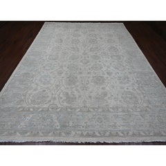9'2"x11'10" White Washed Out Peshawar All Over Leaf Design Hand Knotted Wool Rug