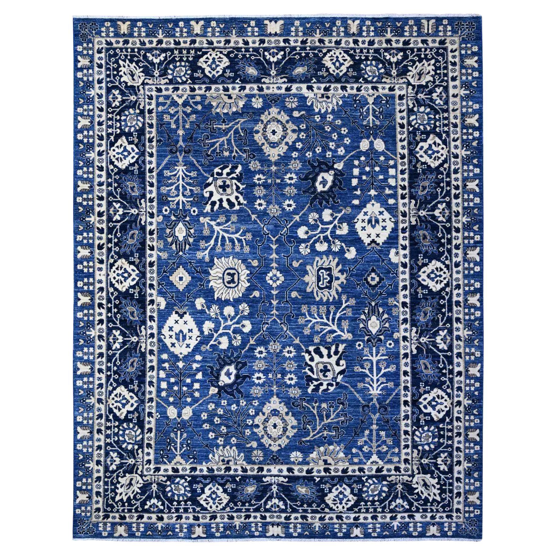 9'2"x11'6" Blue Yonder Soft Wool Fine Peshawar Mahal Design Hand Knotted Rug