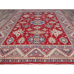 9'2"x11'6" Valiant Poppy Red Hand Knotted Wool Kazak Tribal Motifs Oriental Rug