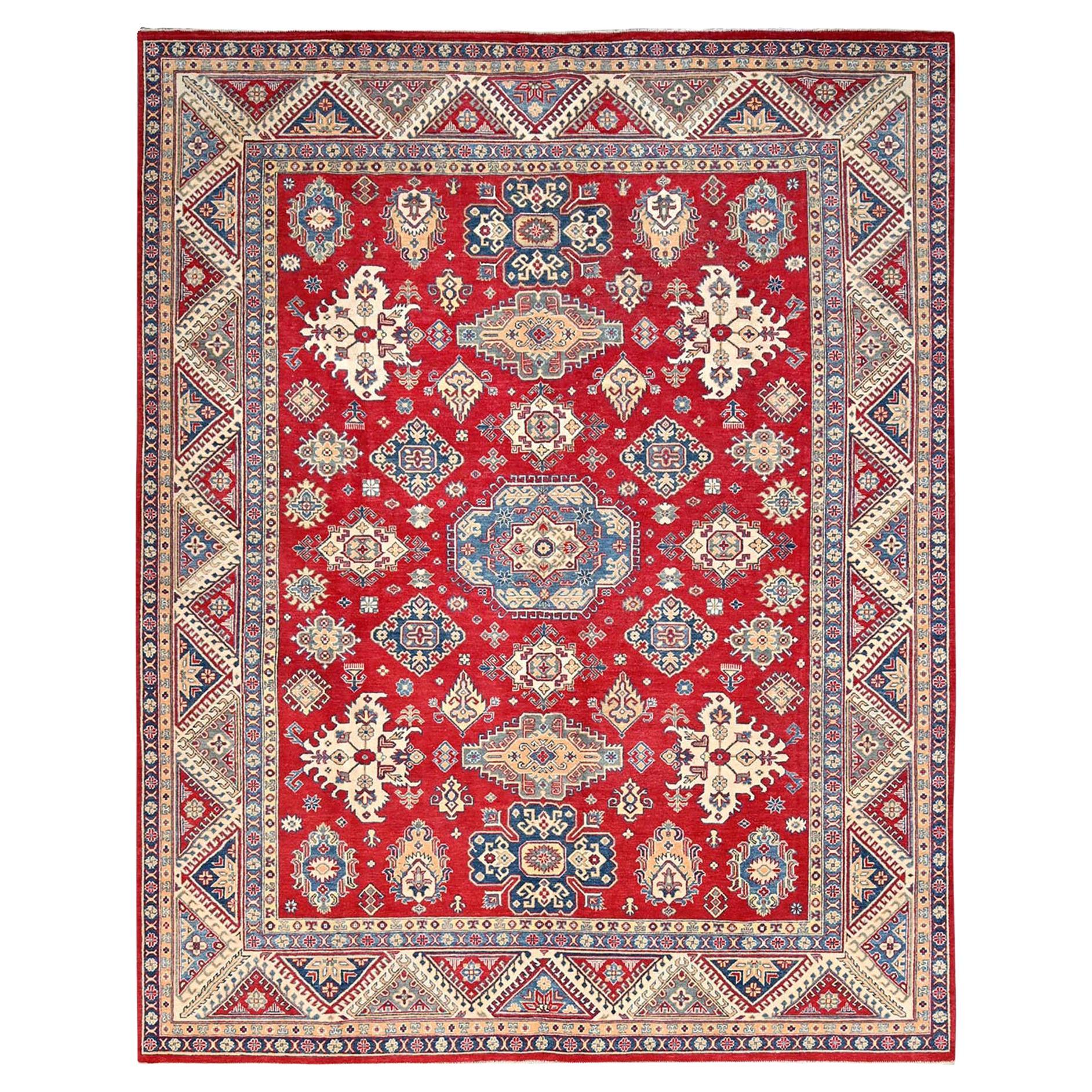 9'2 "x11'6" Valiant Poppy Red Tapis oriental en laine Kazak à motifs tribaux noué à la main en vente