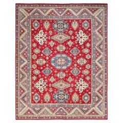 9'2 "x11'6" Valiant Poppy Red Tapis oriental en laine Kazak à motifs tribaux noué à la main