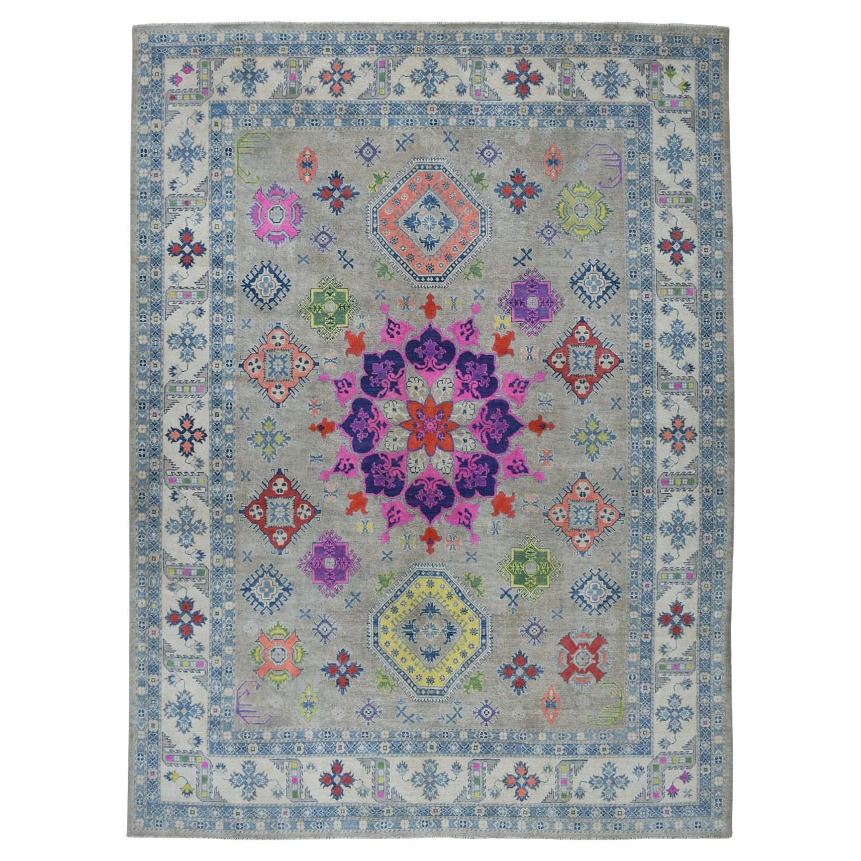 9'2"x11'7" Colorful Fusion Kazak Geometric Design Pure Wool Hand-Knotted Rug