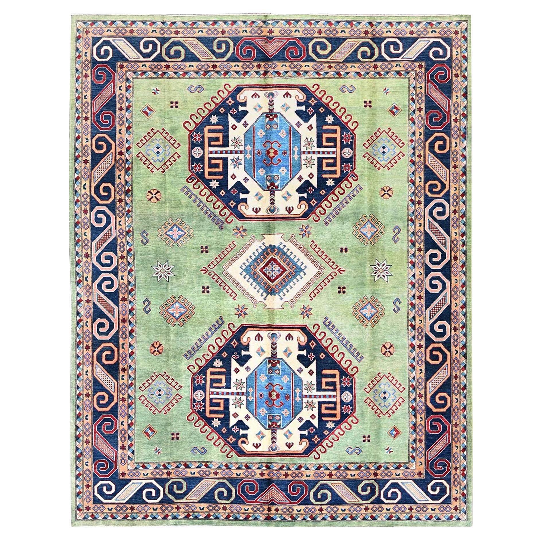 9'2 "x11'7" Grün Afghan Special Kazak Geometrisches Design Handgeknüpfter Wollteppich