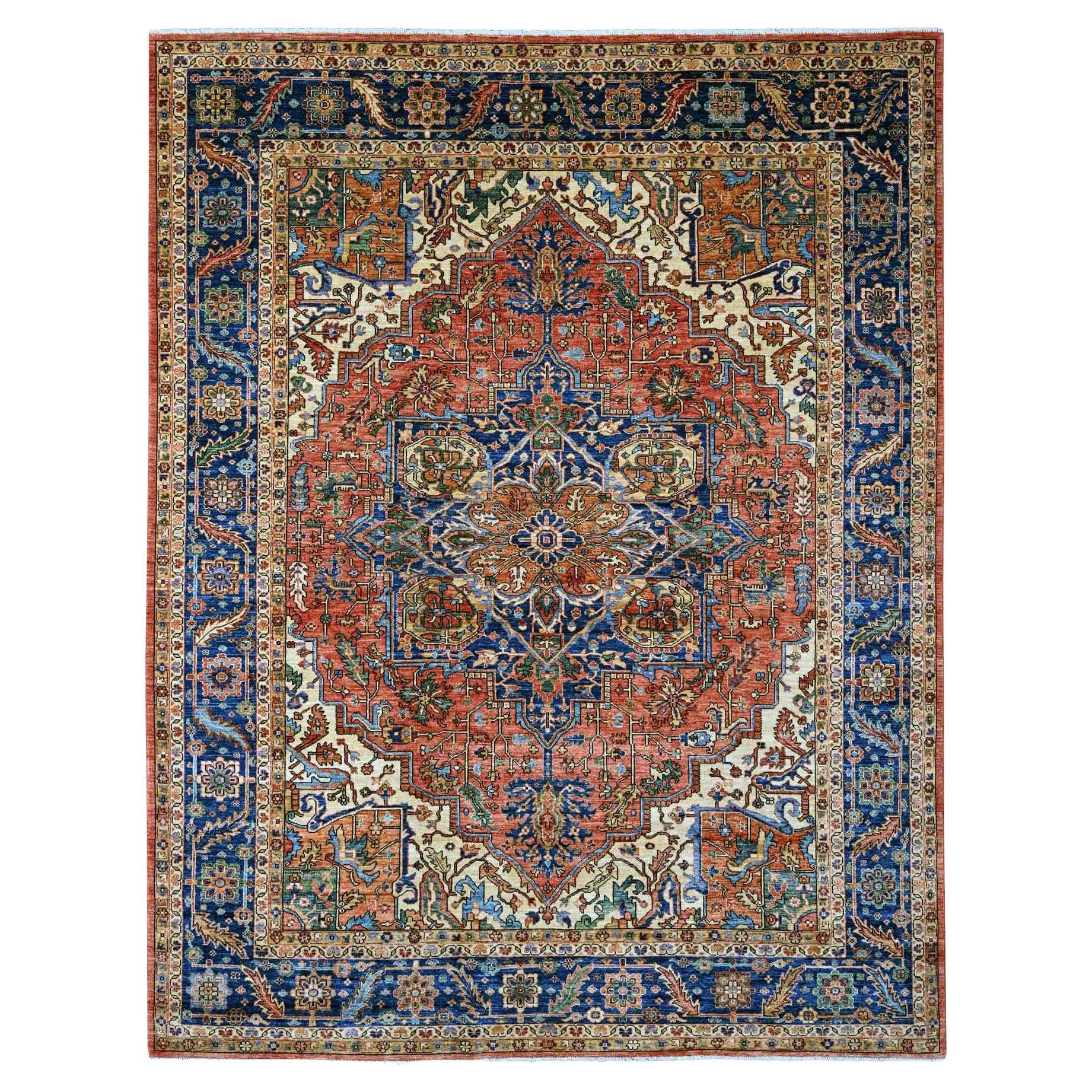 9
2"x11
7" Red Serapi Heriz with Large Medallion Design Hand Knotted Wool Rug