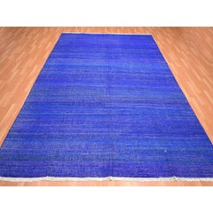 9'2"x11'8" Admiral Blue Sari Silk Plain Design Flat Weave Kilim Hand Woven Rug
