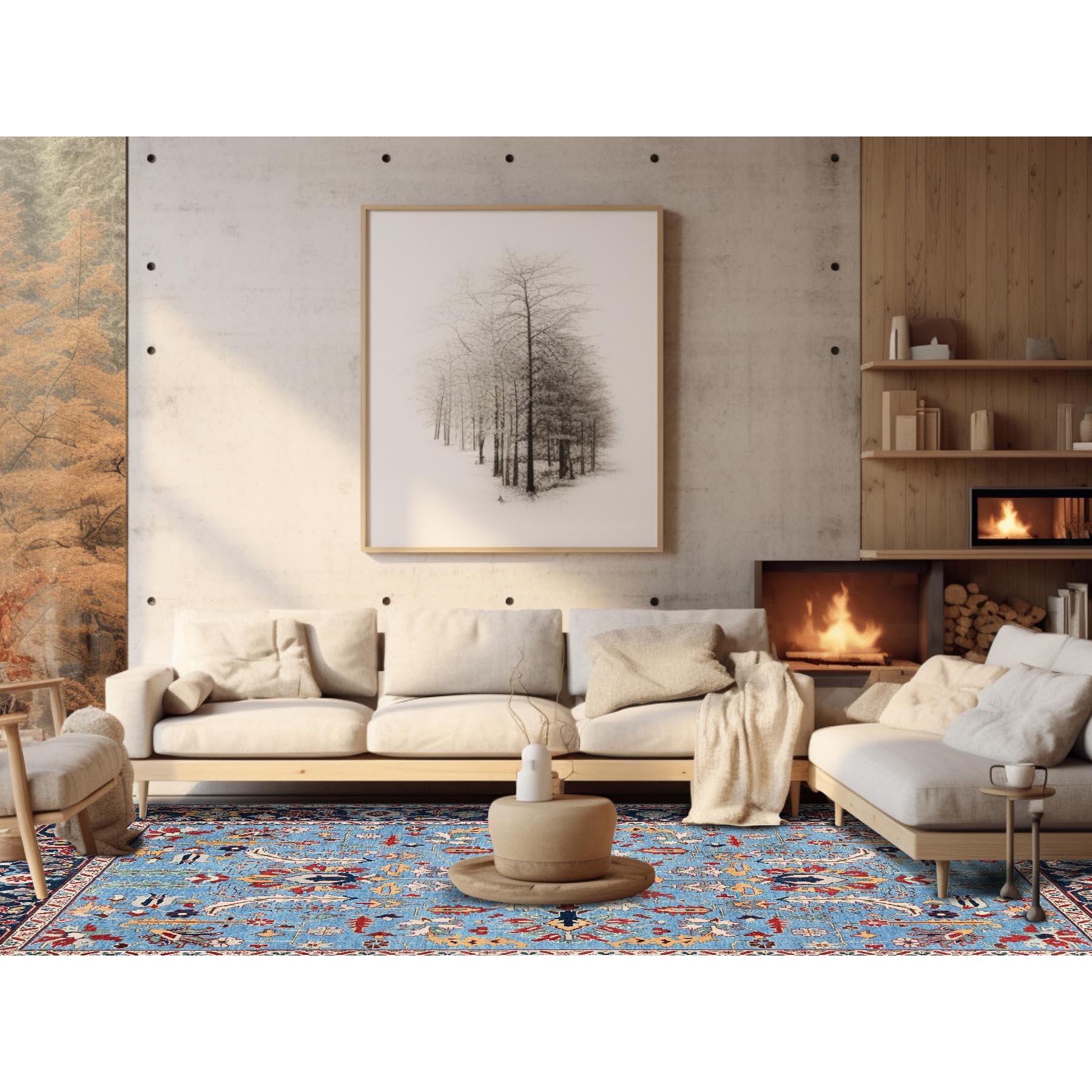 Maya Blue, Afghan Peshawar with Heriz All Over Design, Pure Wool, Densely Woven, Hand Knotted, Oriental Rug
Primary materials: Wool
Latex: NobPile 
height: 0.25 Inches
Style: Traditional
Primary color: Blue
Secondary colors: Red, Green, Brown,