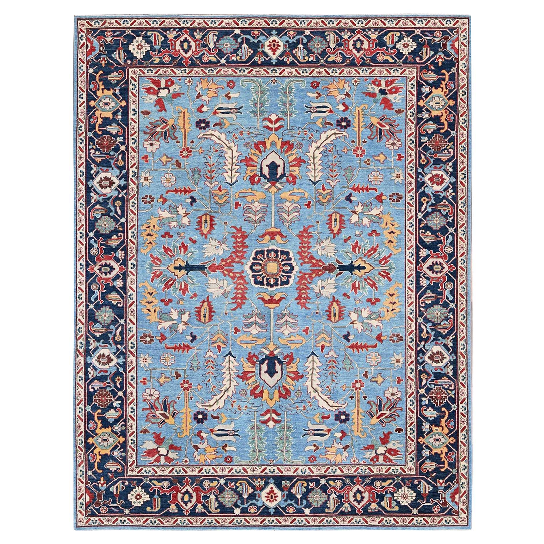 9'2"x11'8" Blue Afghan Peshawar with Heriz All Over Design Wool Hand Knotted Rug