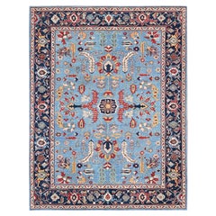 9'2"x11'8" Blue Afghan Peshawar with Heriz All Over Design Wool Hand Knotted Rug